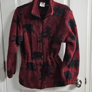 Red and Black Fleece Jacket with Bear Pattern